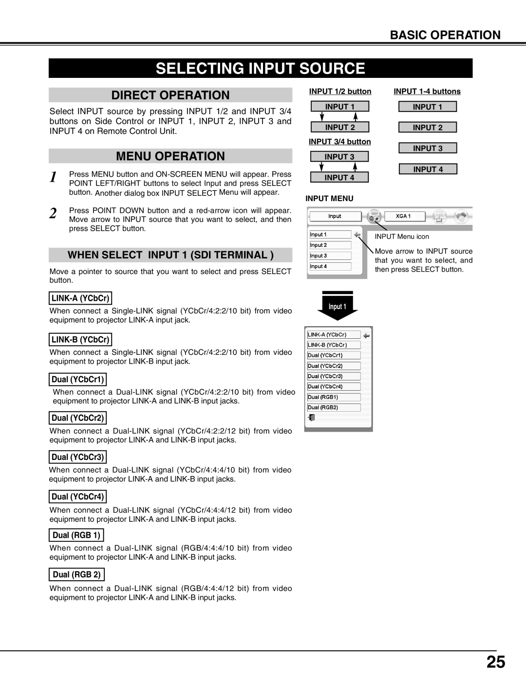 Sanyo PLV-HD2000E, PLV-HD2000N owner manual Selecting Input Source, Direct Operation, Menu Operation, Input Input Menu 