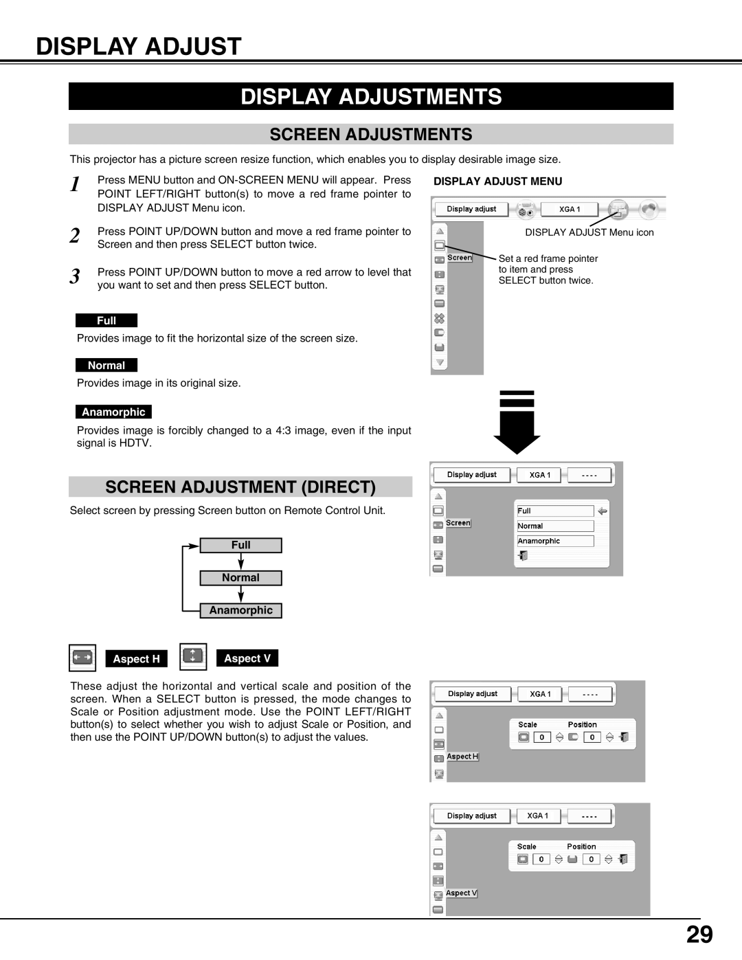 Sanyo PLV-HD2000E, PLV-HD2000N Display Adjustments, Screen Adjustments, Screen Adjustment Direct, Display Adjust Menu 