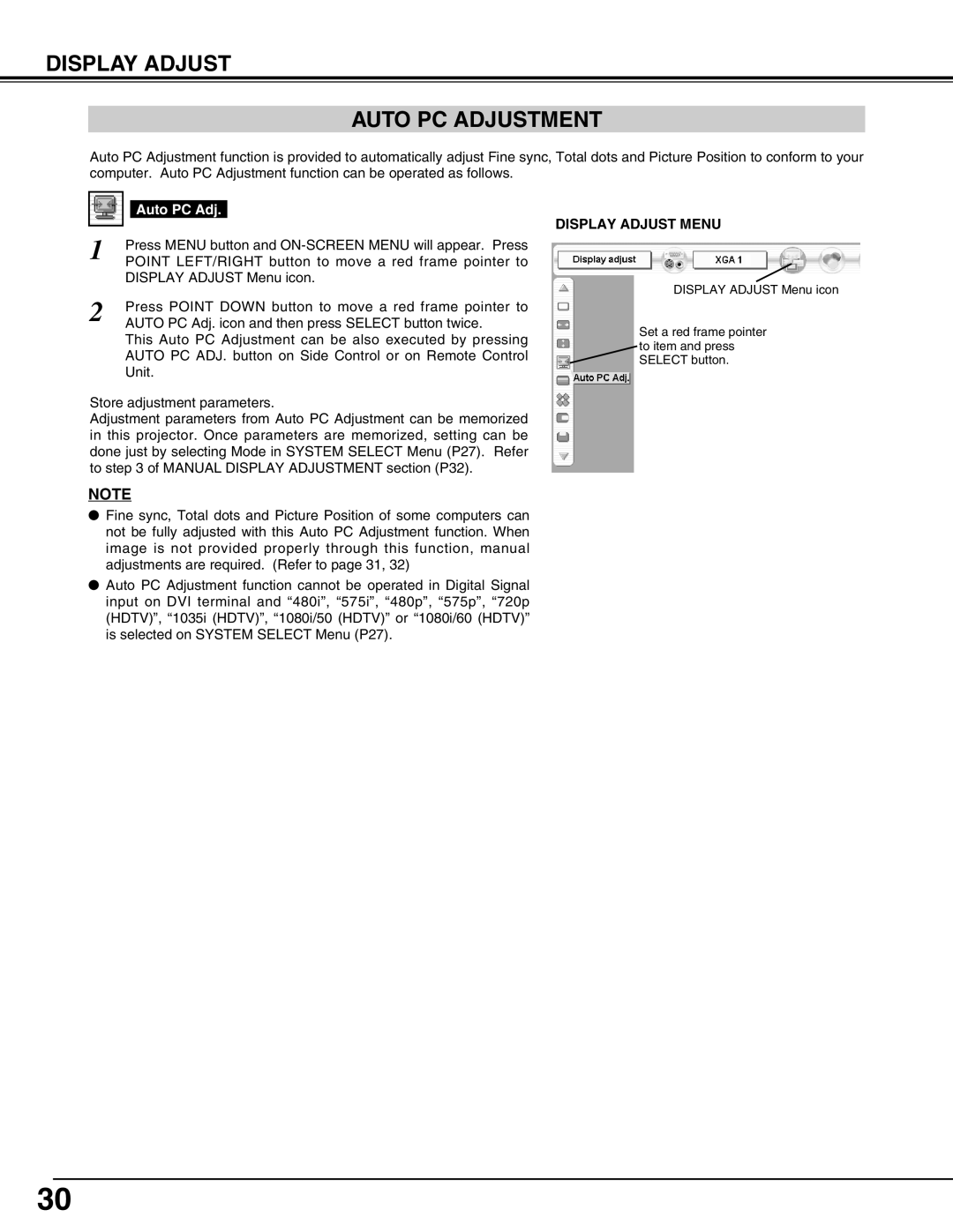 Sanyo PLV-HD2000N, PLV-HD2000E owner manual Display Adjust Auto PC Adjustment 