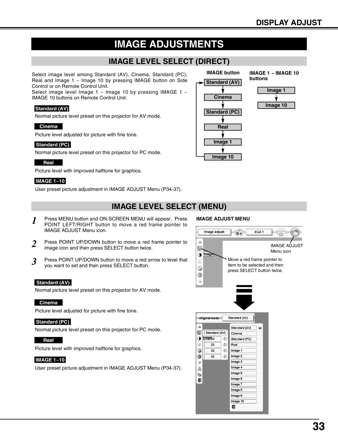 Sanyo PLV-HD2000E, PLV-HD2000N Image Adjustments, Image Level Select Direct, Image Level Select Menu, Image Adjust Menu 