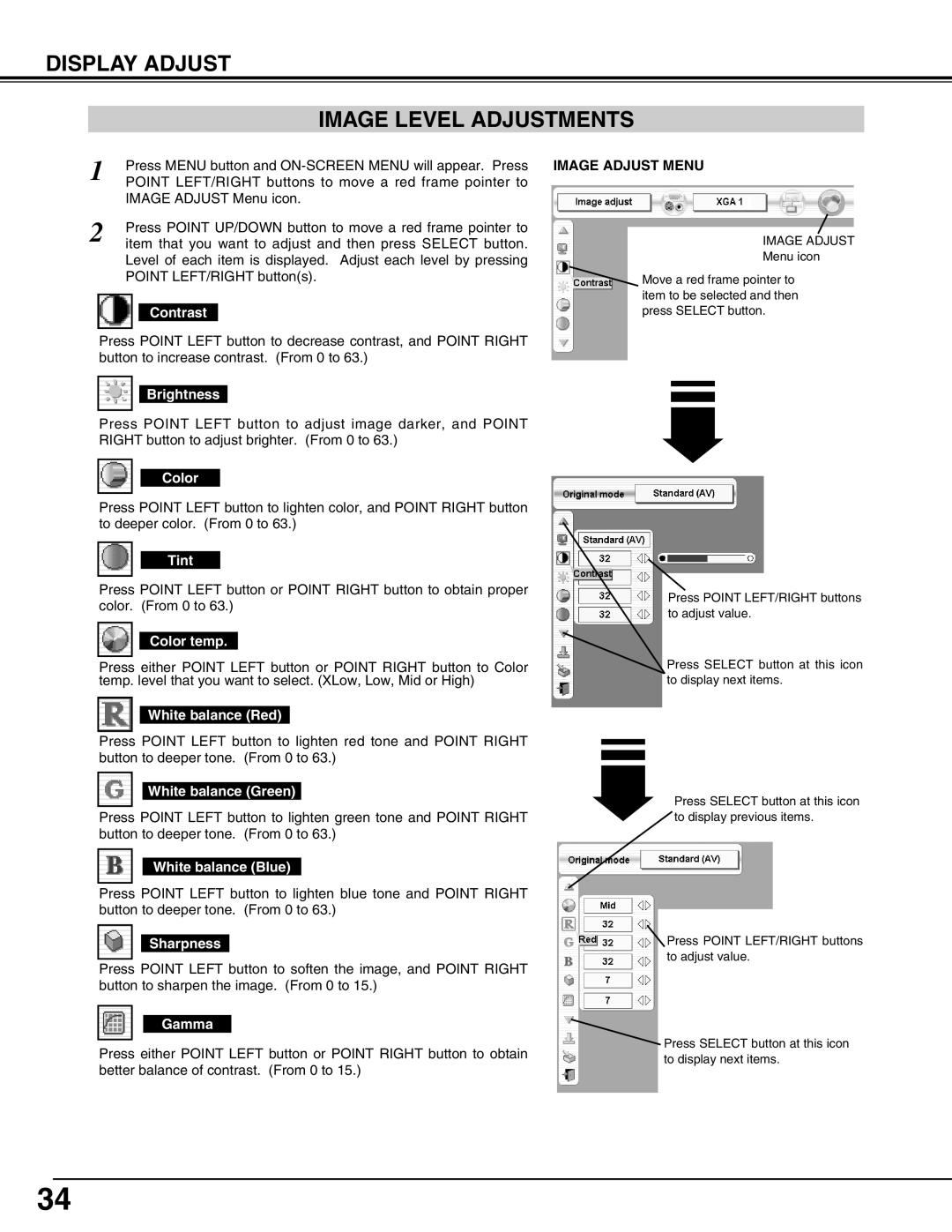 Sanyo PLV-HD2000N, PLV-HD2000E owner manual Display Adjust Image Level Adjustments 