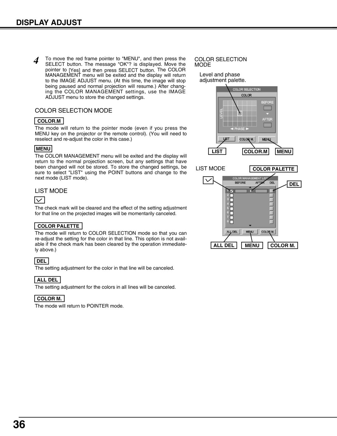 Sanyo PLV-HD2000N, PLV-HD2000E Color.M, List COLOR.M Menu, Color Palette DEL, All Del, ALL DEL Menu Color M 