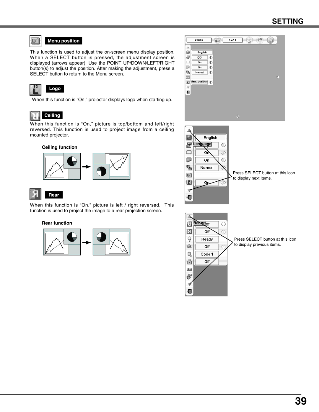 Sanyo PLV-HD2000E, PLV-HD2000N owner manual Menu position, Logo, Ceiling, Rear 