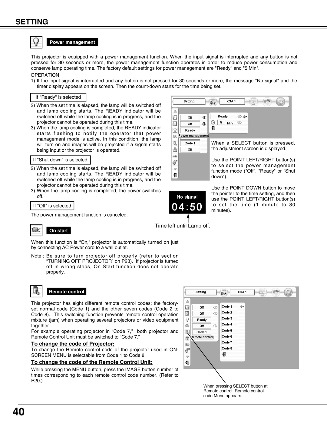 Sanyo PLV-HD2000N, PLV-HD2000E owner manual Power management, On start, Remote control 