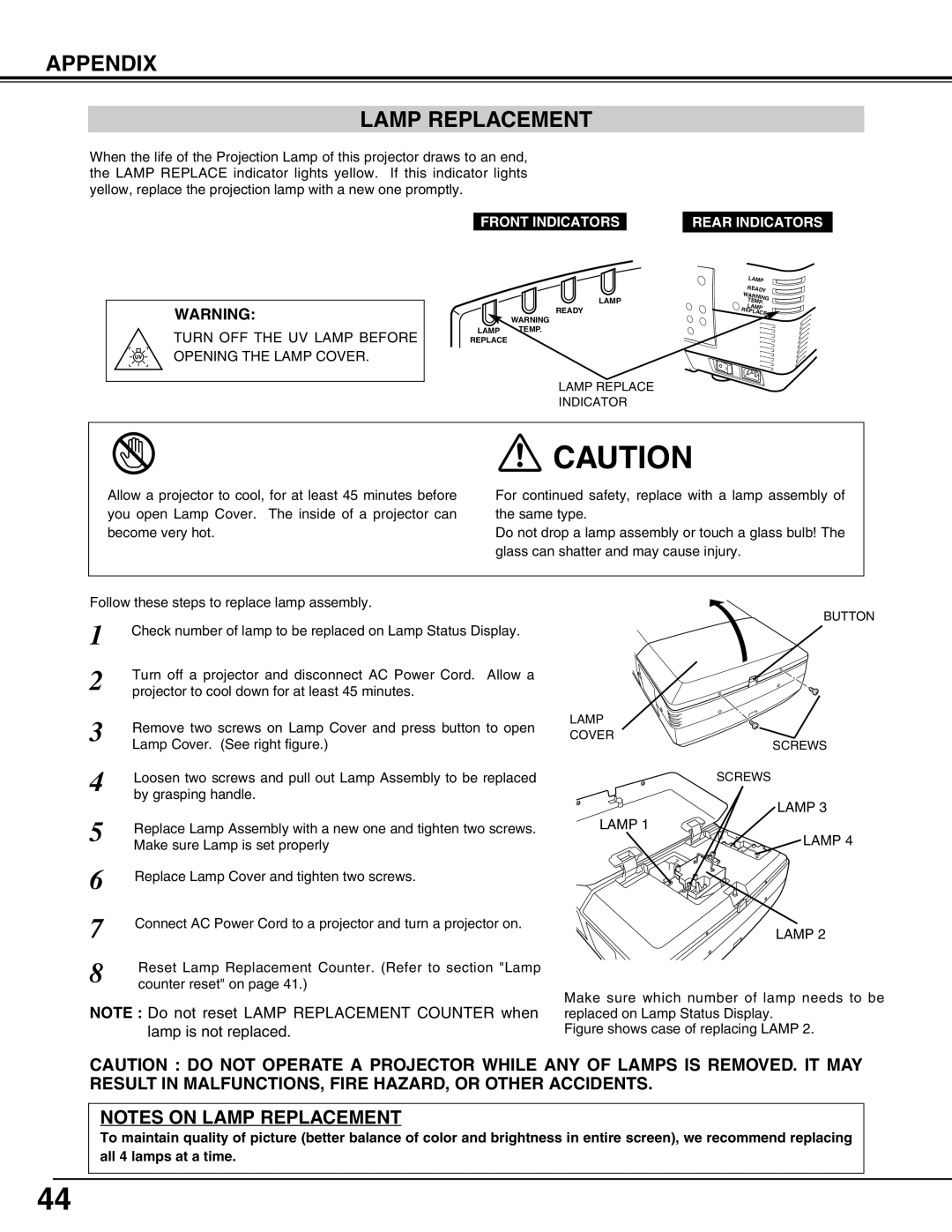 Sanyo PLV-HD2000N, PLV-HD2000E owner manual Appendix Lamp Replacement, Front Indicators Rear Indicators 