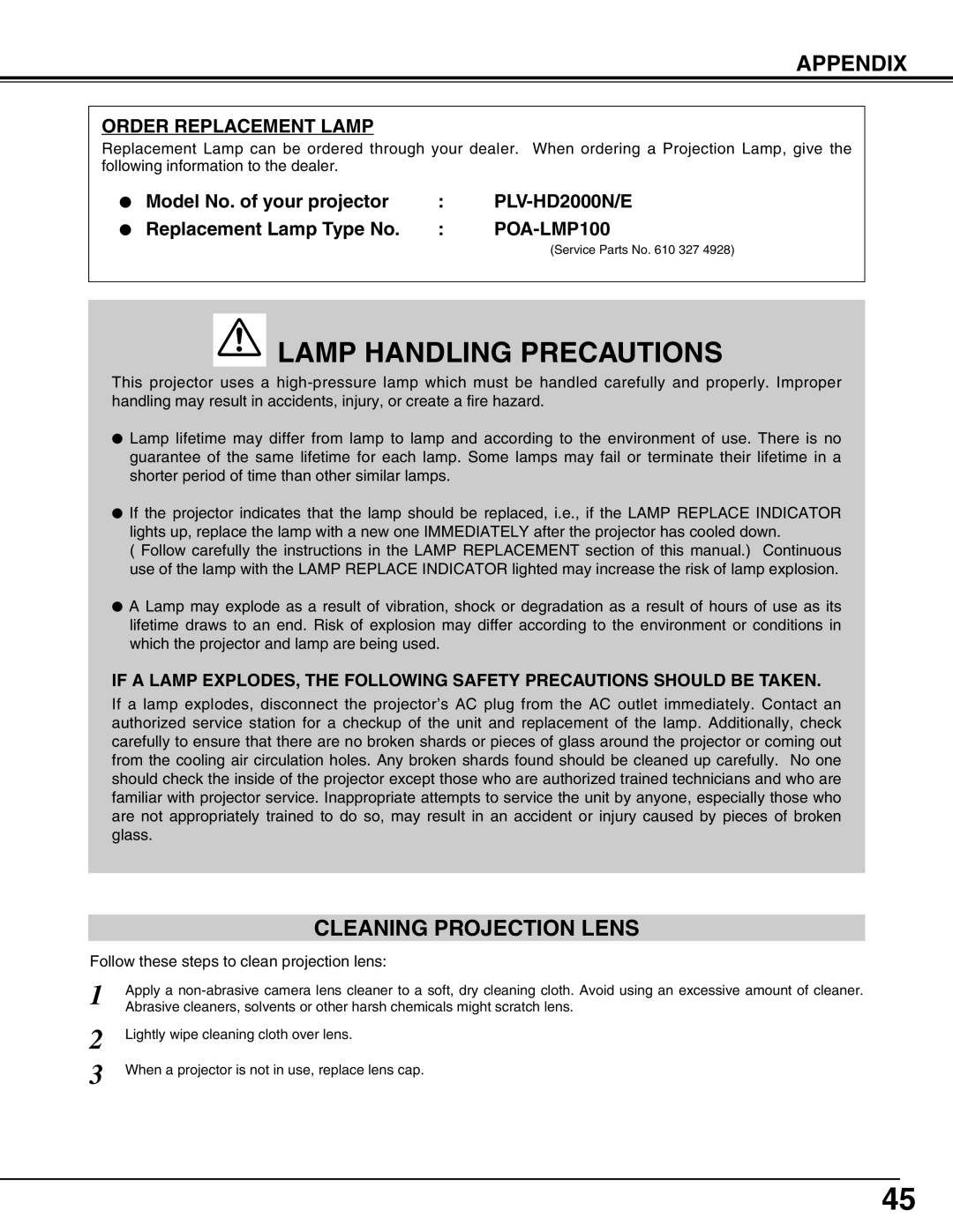 Sanyo PLV-HD2000E, PLV-HD2000N owner manual Cleaning Projection Lens, Order Replacement Lamp 