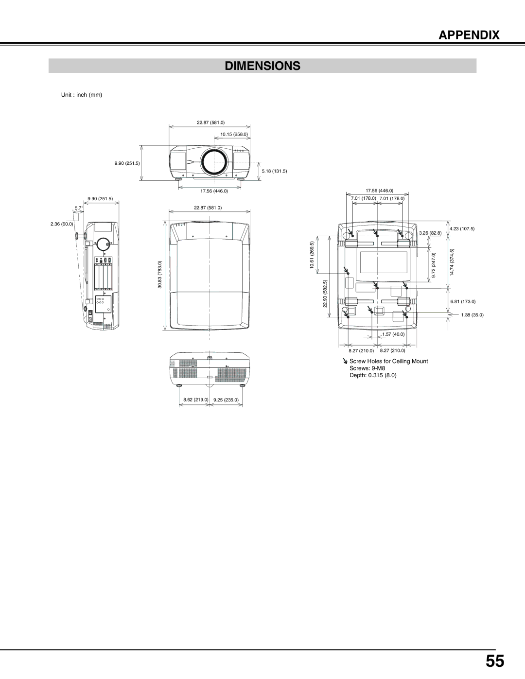 Sanyo PLV-HD2000E, PLV-HD2000N owner manual Dimensions 