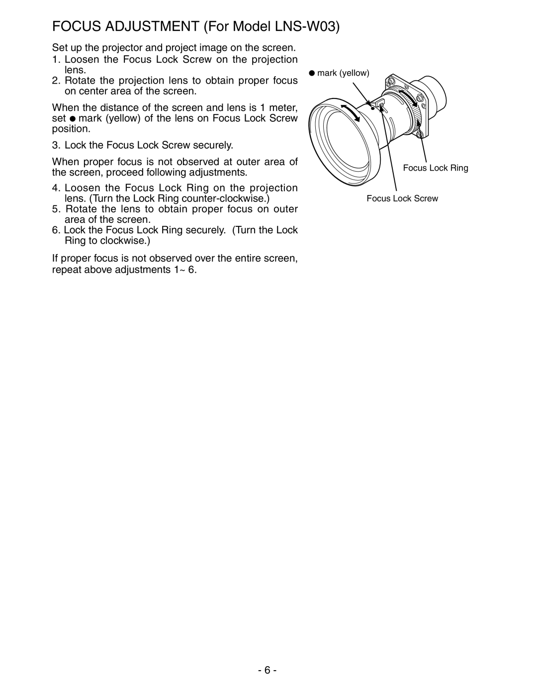 Sanyo PLV-HD2000E, PLV-HD2000N owner manual Focus Adjustment For Model LNS-W03 