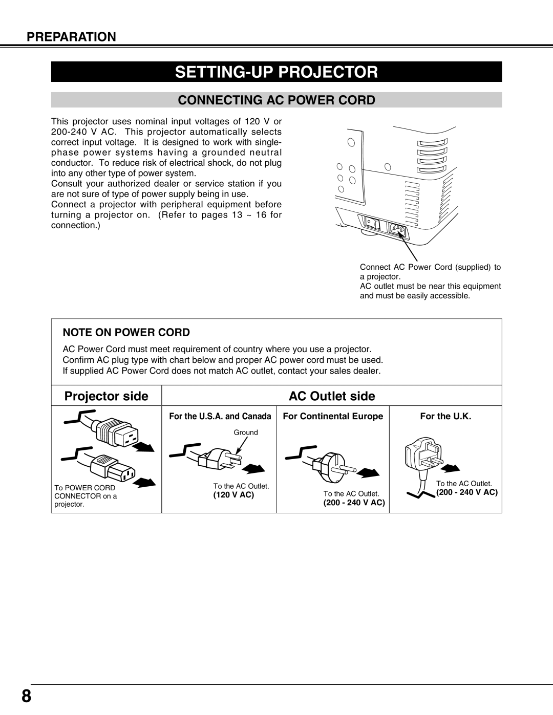 Sanyo PLV-HD2000N, PLV-HD2000E owner manual SETTING-UP Projector, Connecting AC Power Cord 