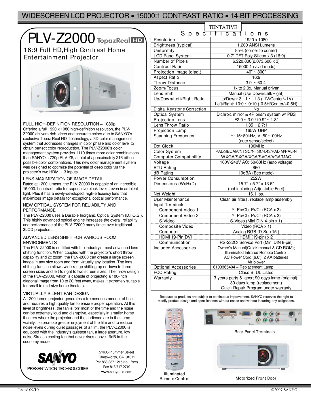 Sanyo PLV-Z2000 specifications Full HD,High Contrast Home Entertainment Projector, Specification s 