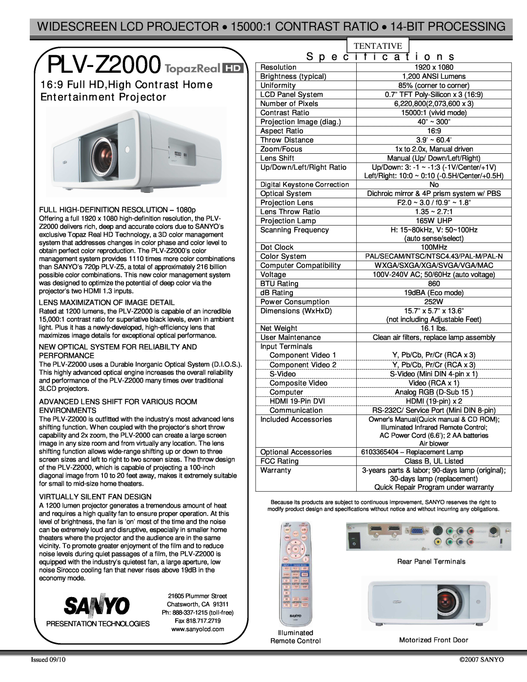 Sanyo PLV-Z2000 specifications S p e c i f i c a t i o n s, Tentative, PRESENTATION TECHNOLOGIES Fax 