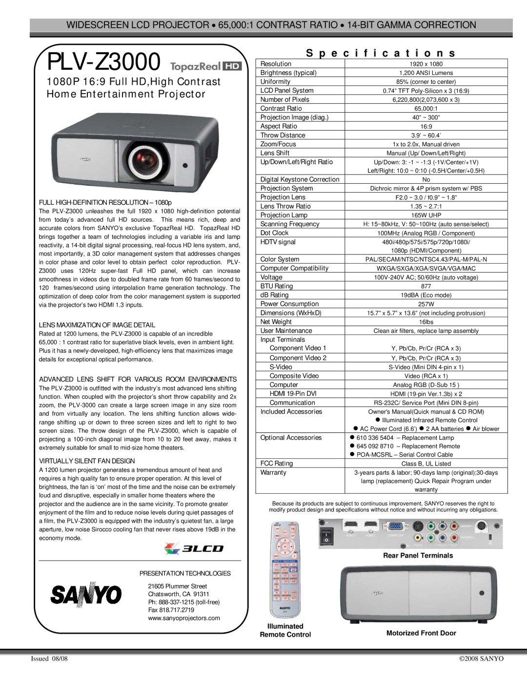 Sanyo PLV-Z3000 specifications Lens Maximization of Image Detail, Virtually Silent FAN Design, Presentation Technologies 