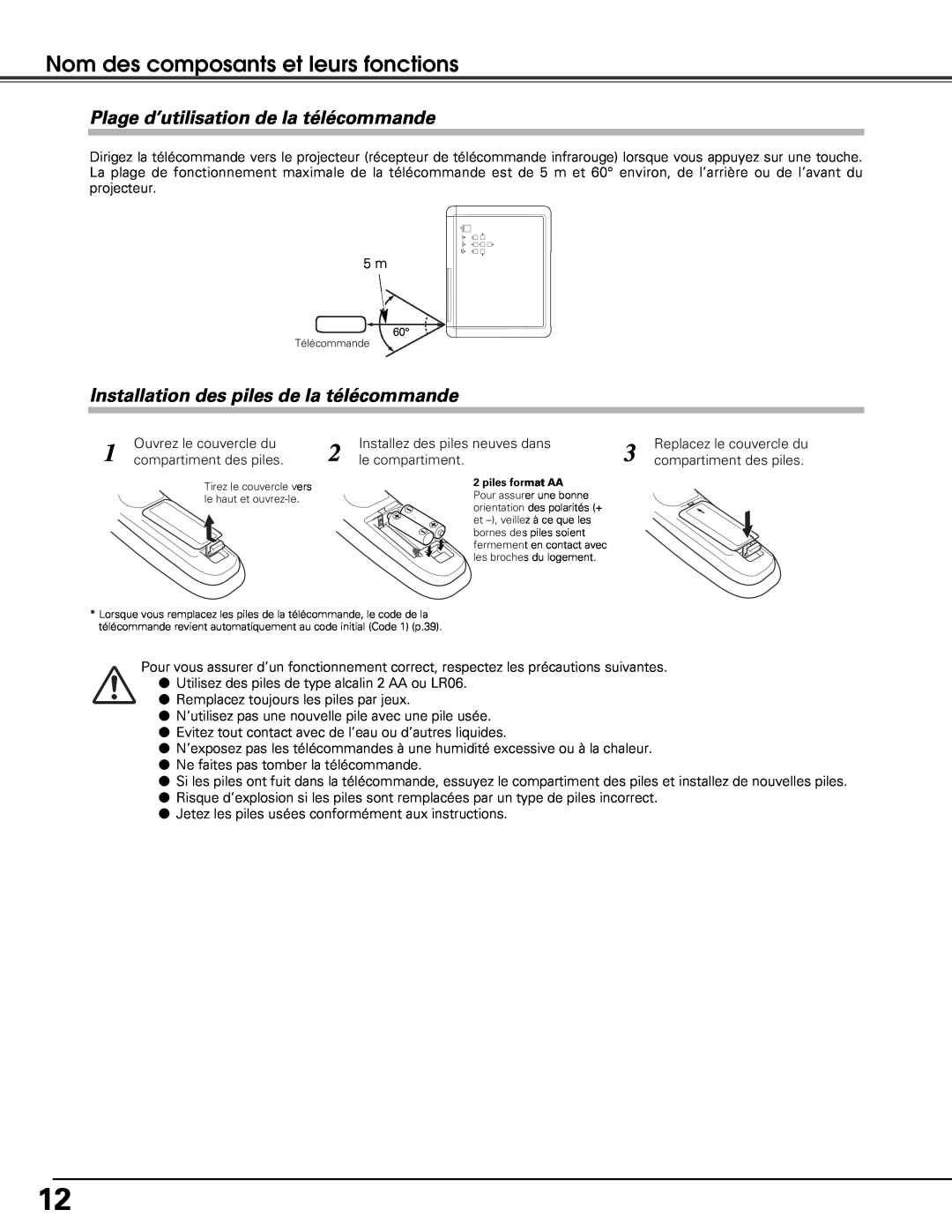 Sanyo PLV-Z5BK manual Plage d’utilisation de la télécommande, Installation des piles de la télécommande 