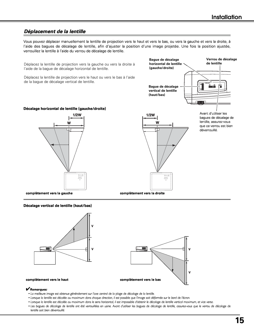 Sanyo PLV-Z5BK manual Déplacement de la lentille, Installation, Décalage horizontal de lentille gauche/droite, 1/2W 