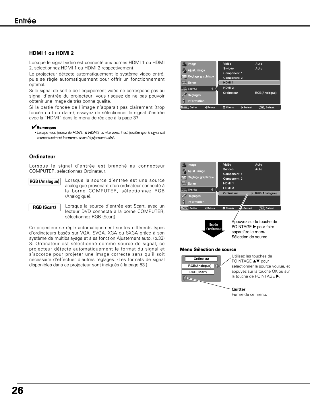 Sanyo PLV-Z5BK manual Entrée, HDMI 1 ou HDMI, Ordinateur, Menu Sélection de source 