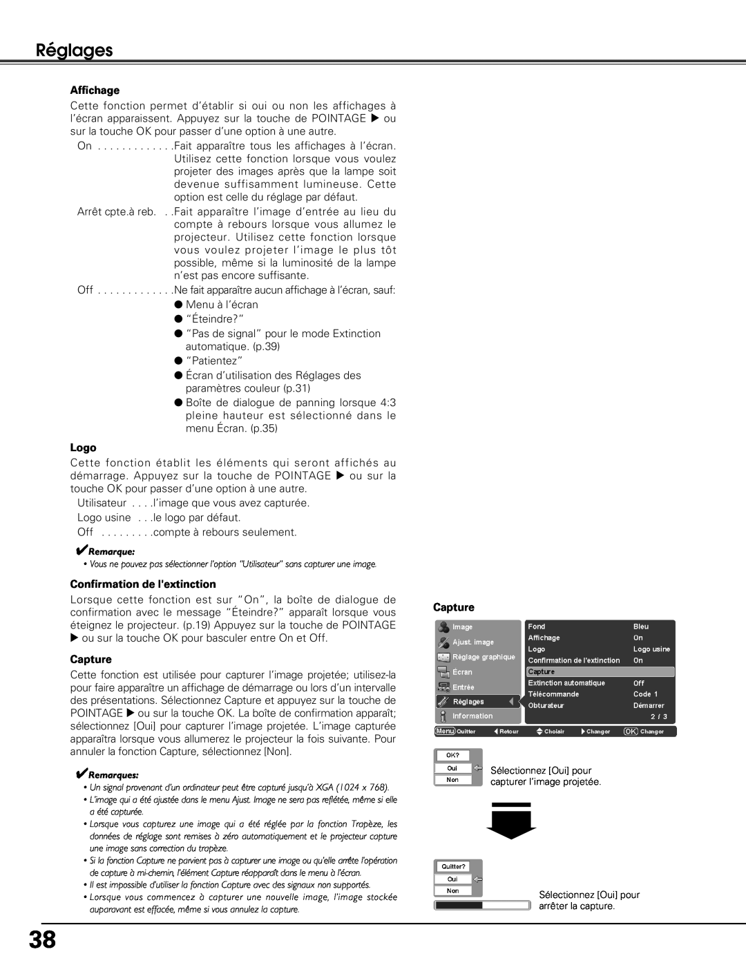 Sanyo PLV-Z5BK manual Réglages, Affichage, Logo, Confirmation de lextinction, Capture 
