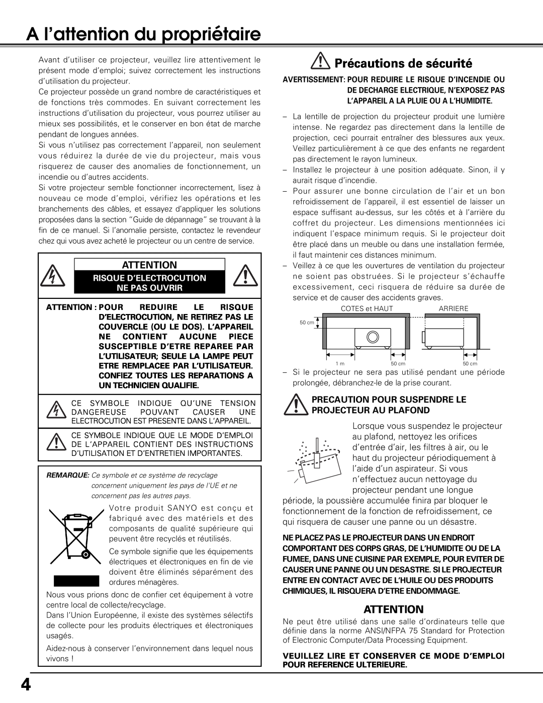 Sanyo PLV-Z5BK manual A l’attention du propriétaire, Précautions de sécurité, Risque D’Electrocution Ne Pas Ouvrir 