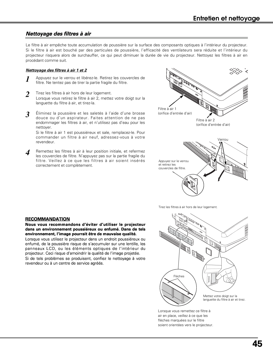 Sanyo PLV-Z5BK manual Nettoyage des filtres à air, Entretien et nettoyage, Recommandation 