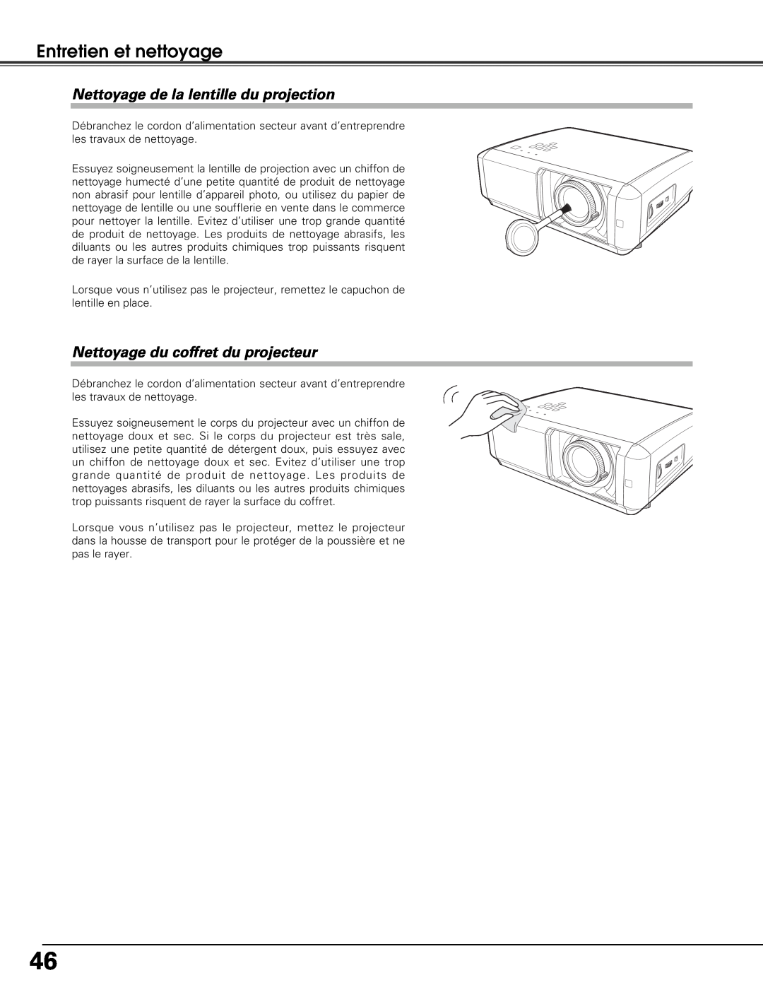 Sanyo PLV-Z5BK manual Nettoyage de la lentille du projection, Nettoyage du coffret du projecteur, Entretien et nettoyage 