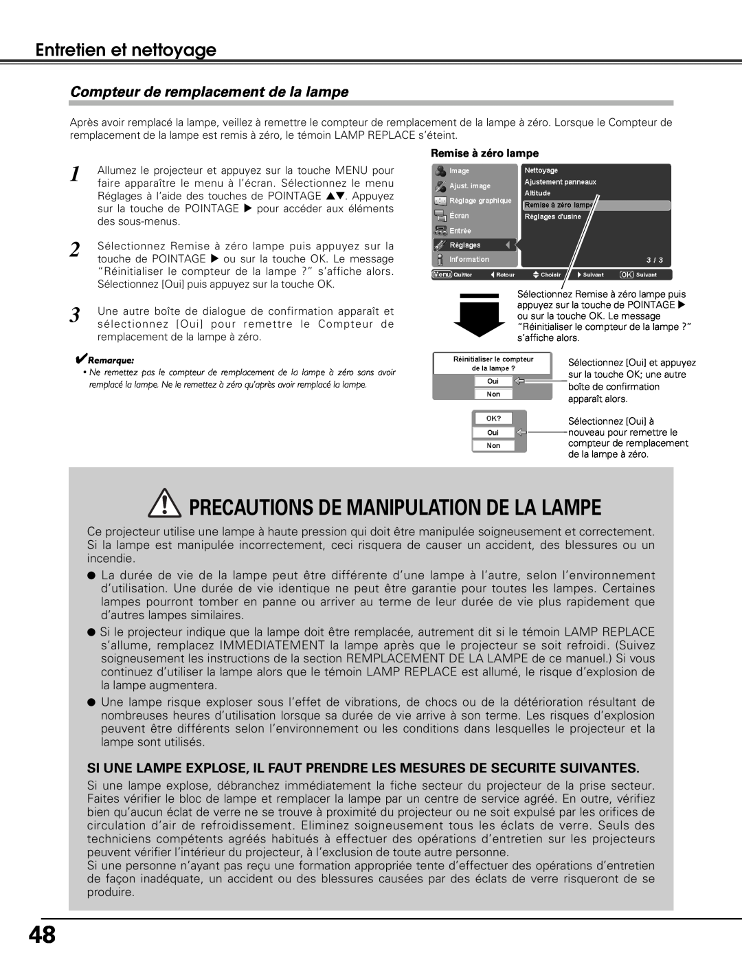 Sanyo PLV-Z5 manual Compteur de remplacement de la lampe, Precautions De Manipulation De La Lampe, Entretien et nettoyage 