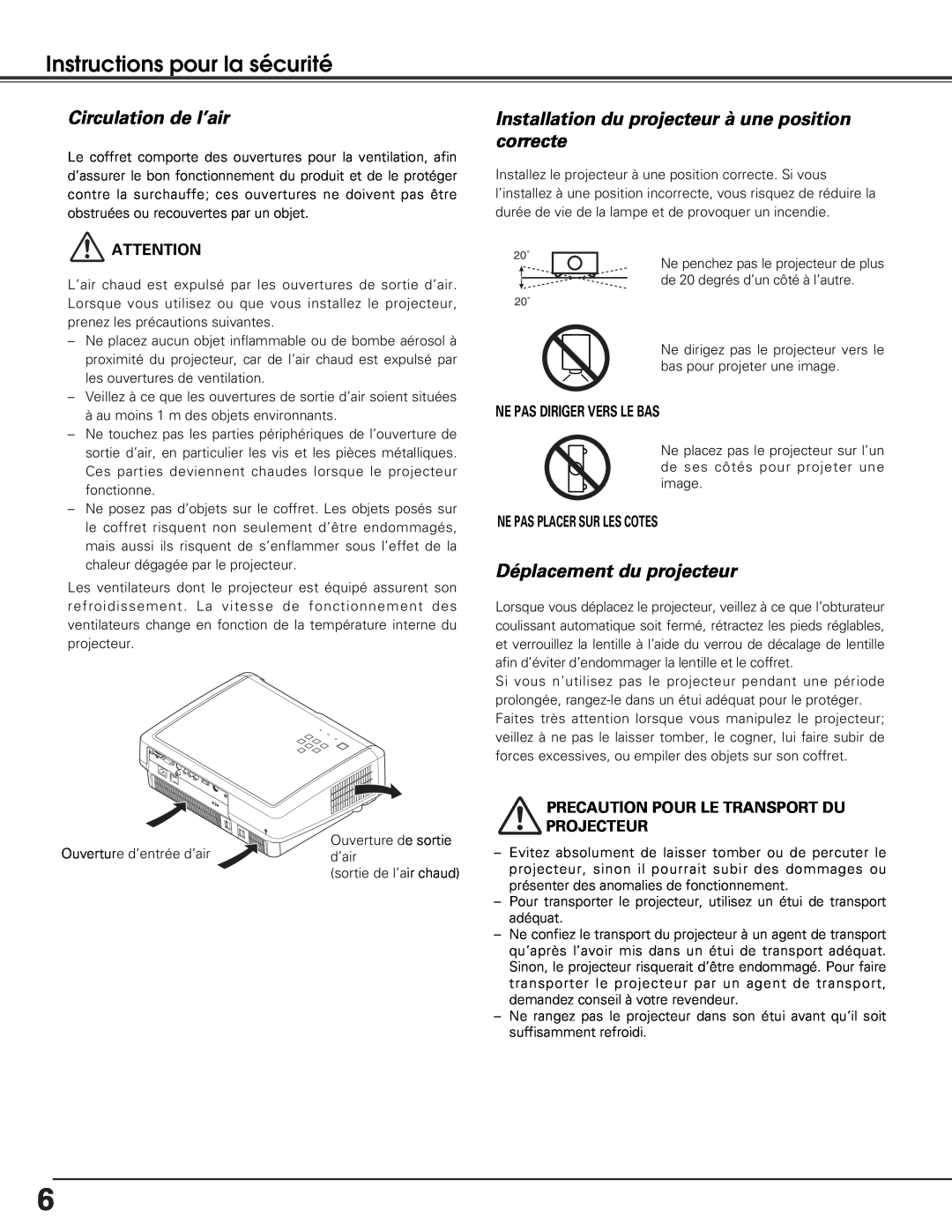 Sanyo PLV-Z5BK manual Instructions pour la sécurité, Circulation de l’air, Déplacement du projecteur 