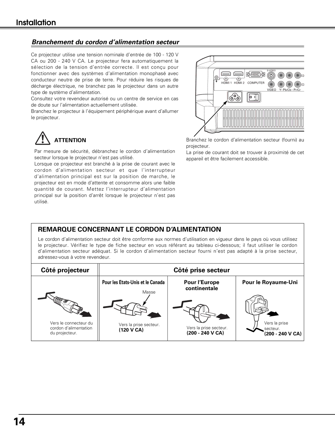 Sanyo PLV-Z5 Installation, Branchement du cordon d’alimentation secteur, Pour le Royaume-Uni Continentale, Pour l’Europe 