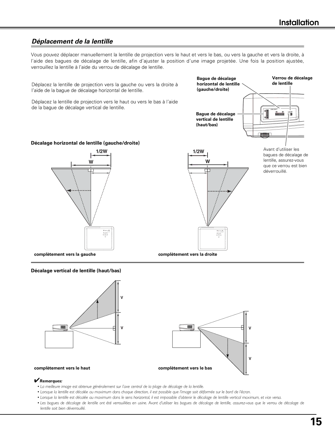 Sanyo PLV-Z5BK manual Déplacement de la lentille, Décalage horizontal de lentille gauche/droite 