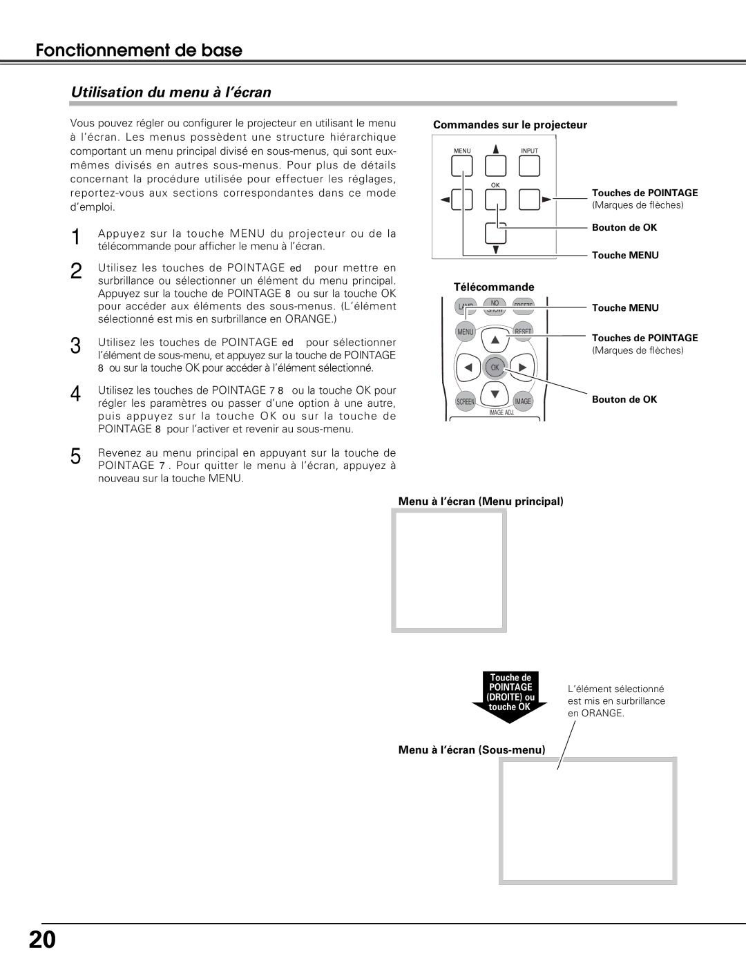 Sanyo PLV-Z5BK manual Utilisation du menu à l’écran, Commandes sur le projecteur, Menu à l’écran Menu principal 