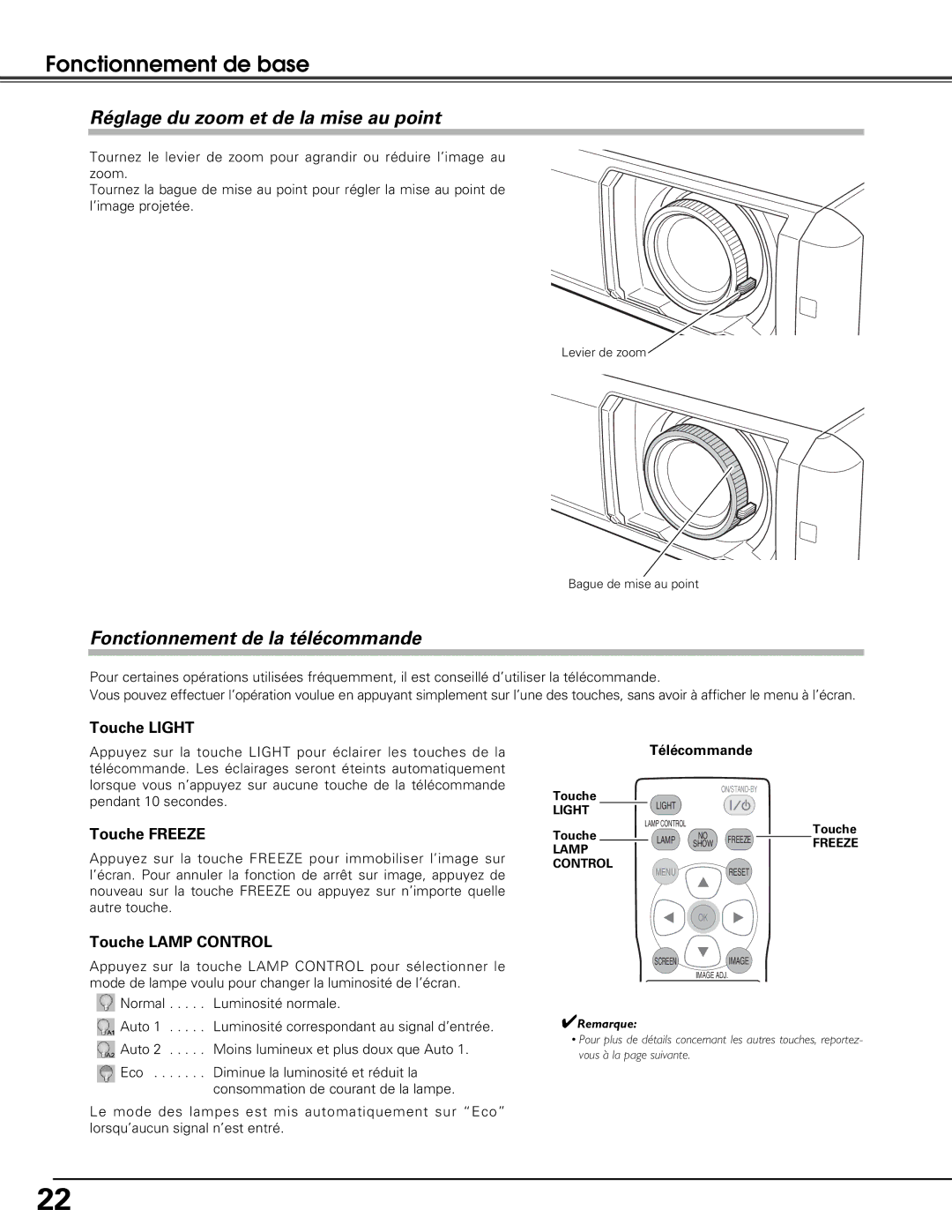 Sanyo PLV-Z5 manual Réglage du zoom et de la mise au point, Fonctionnement de la télécommande, Touche Light, Touche Freeze 