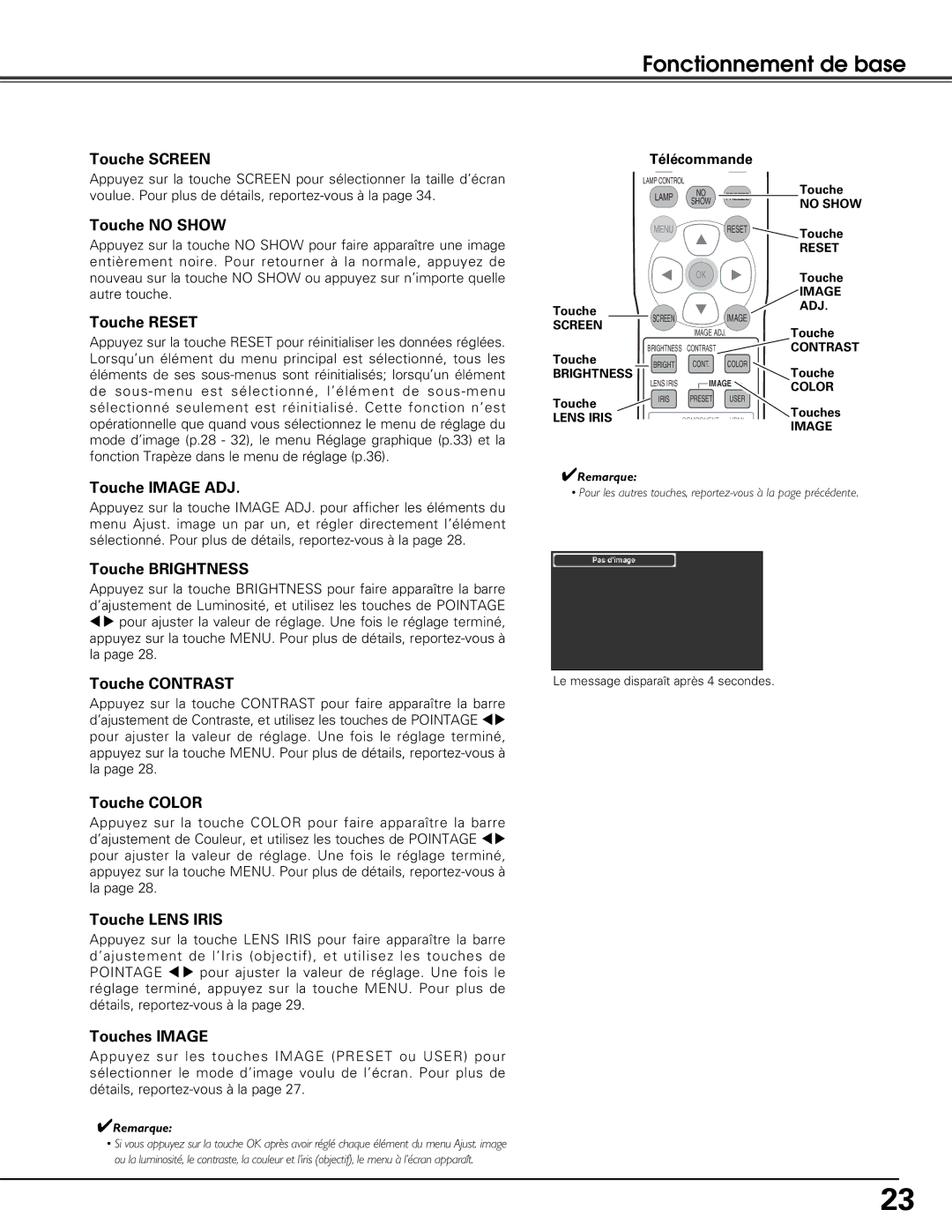 Sanyo PLV-Z5BK manual Touche Screen, Touche no Show, Touche Reset, Touche Image ADJ, Touche Brightness, Touche Contrast 