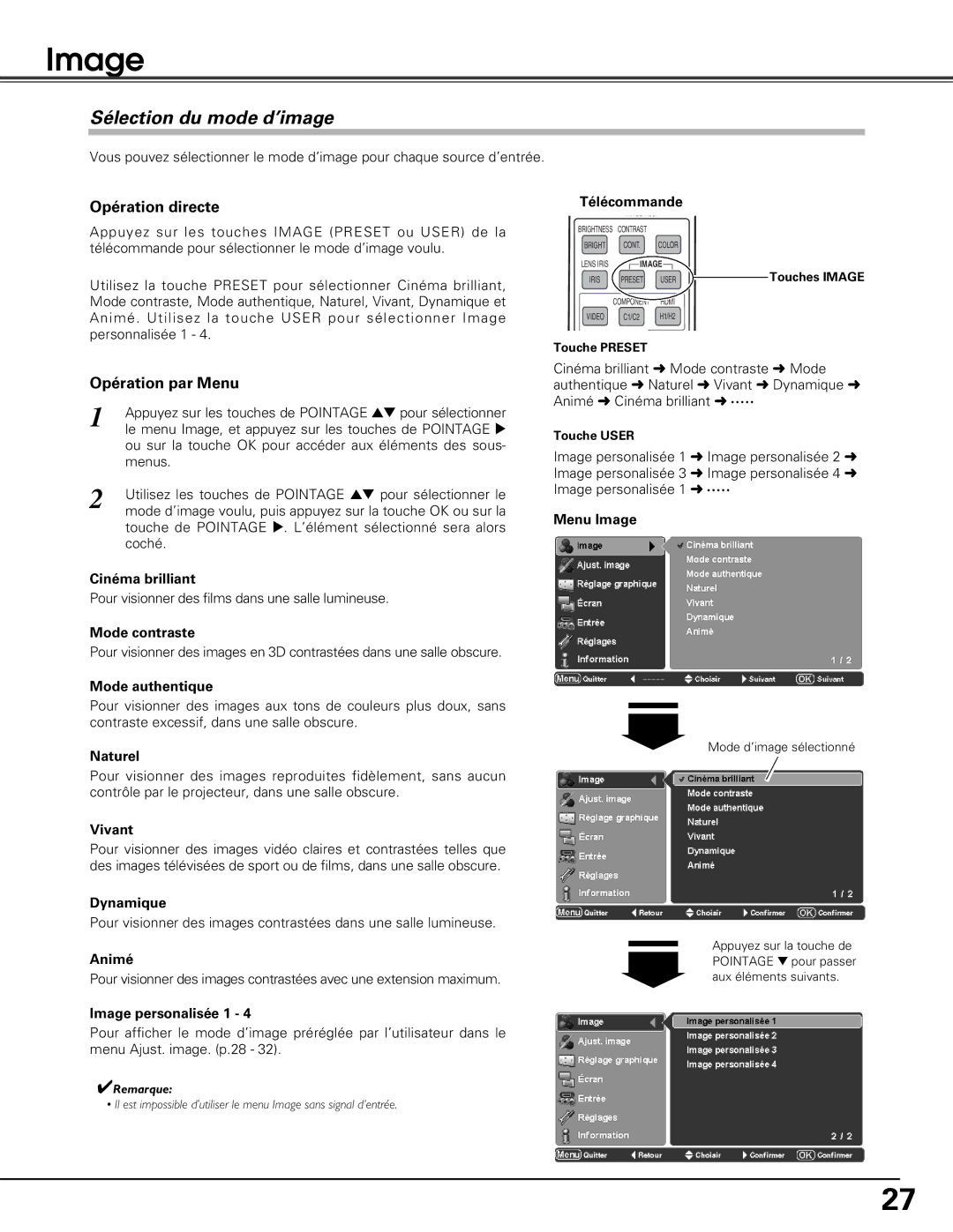 Sanyo PLV-Z5BK manual Image, Sélection du mode d’image, Opération directe 