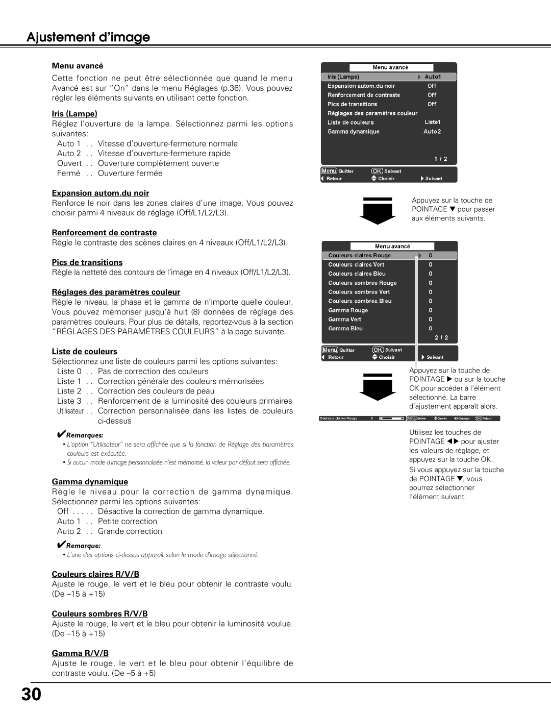 Sanyo PLV-Z5 Menu avancé, Iris Lampe, Expansion autom.du noir, Renforcement de contraste, Pics de transitions, Gamma R/V/B 