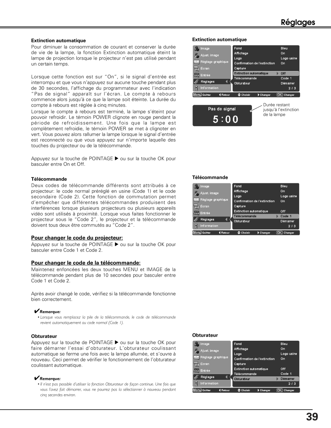 Sanyo PLV-Z5BK manual Pour changer le code du projecteur, Pour changer le code de la télécommande, Extinction automatique 