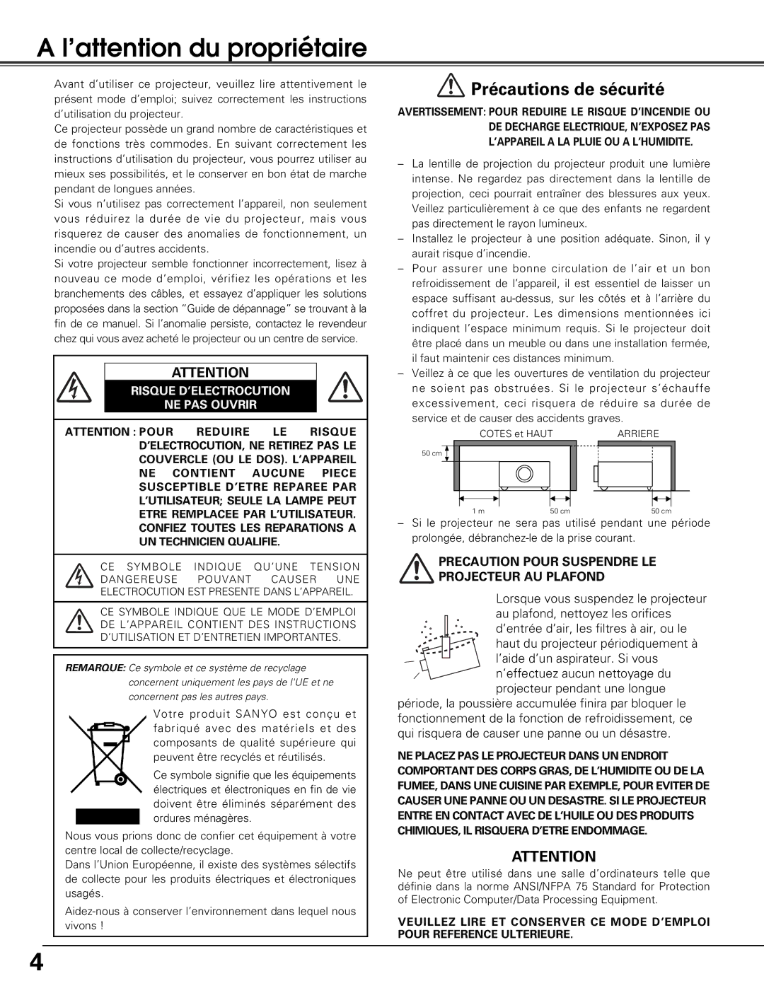 Sanyo PLV-Z5BK manual ’attention du propriétaire, Risque D’ELECTROCUTION NE PAS Ouvrir 