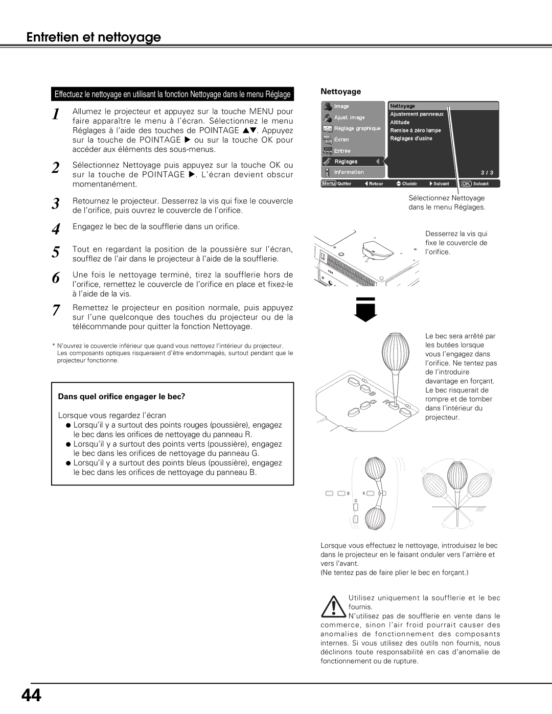 Sanyo PLV-Z5BK manual Dans quel orifice engager le bec? 