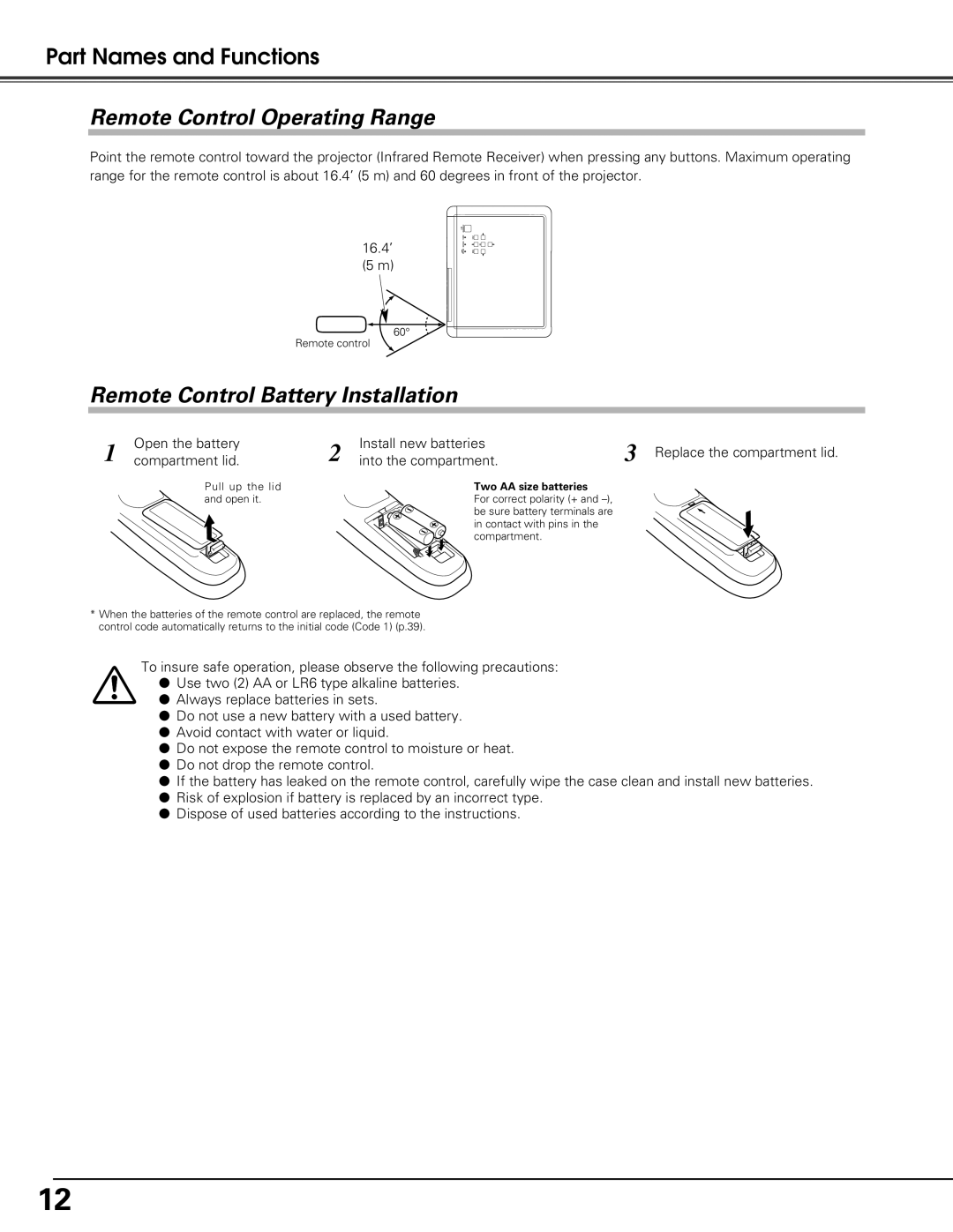 Sanyo PLV-Z60 owner manual Remote Control Operating Range, Remote Control Battery Installation 