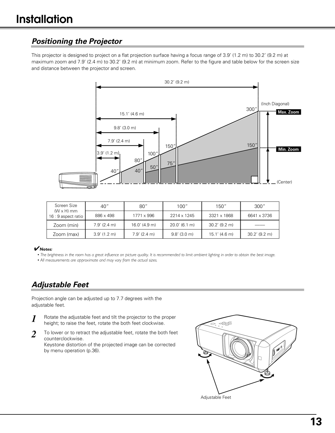 Sanyo PLV-Z60 owner manual Installation, Positioning the Projector, Adjustable Feet 