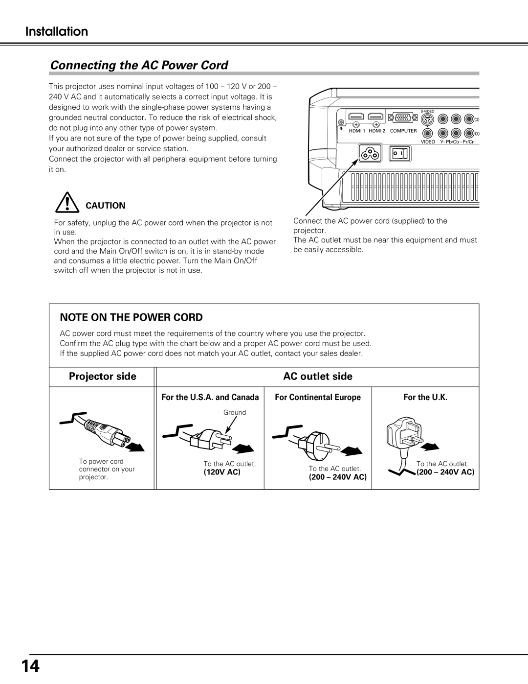 Sanyo PLV-Z60 Connecting the AC Power Cord, For the U.K, For the U.S.A. and Canada For Continental Europe, 120V AC 