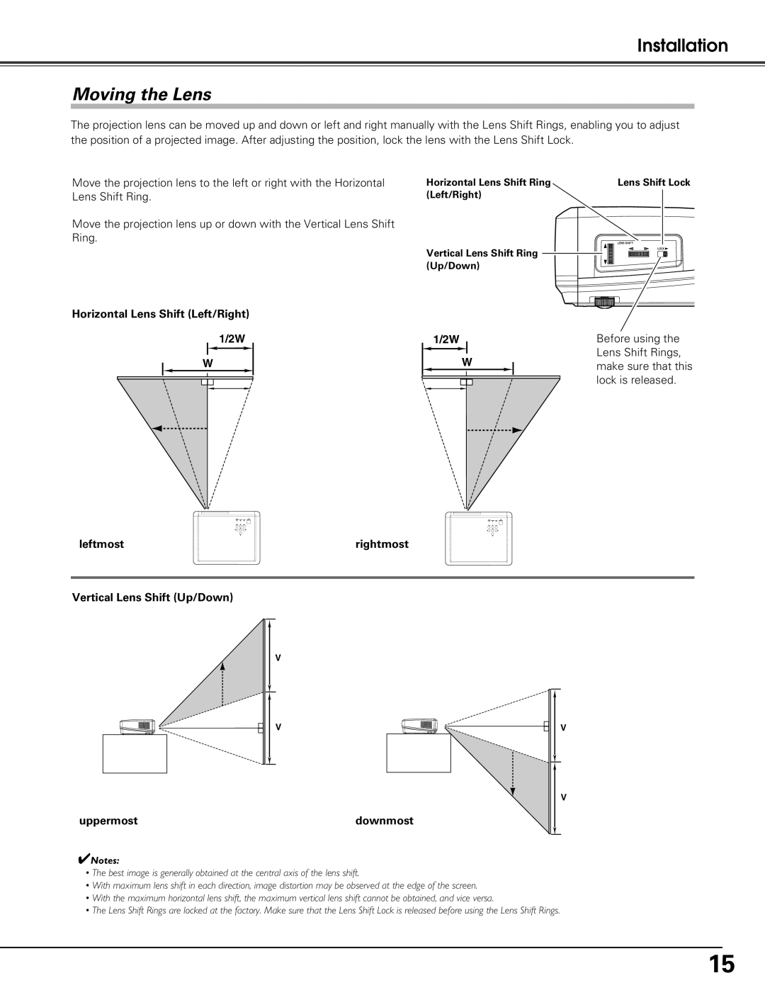 Sanyo PLV-Z60 Moving the Lens, Horizontal Lens Shift Left/Right, Before using, Lens Shift Rings, Lock is released 