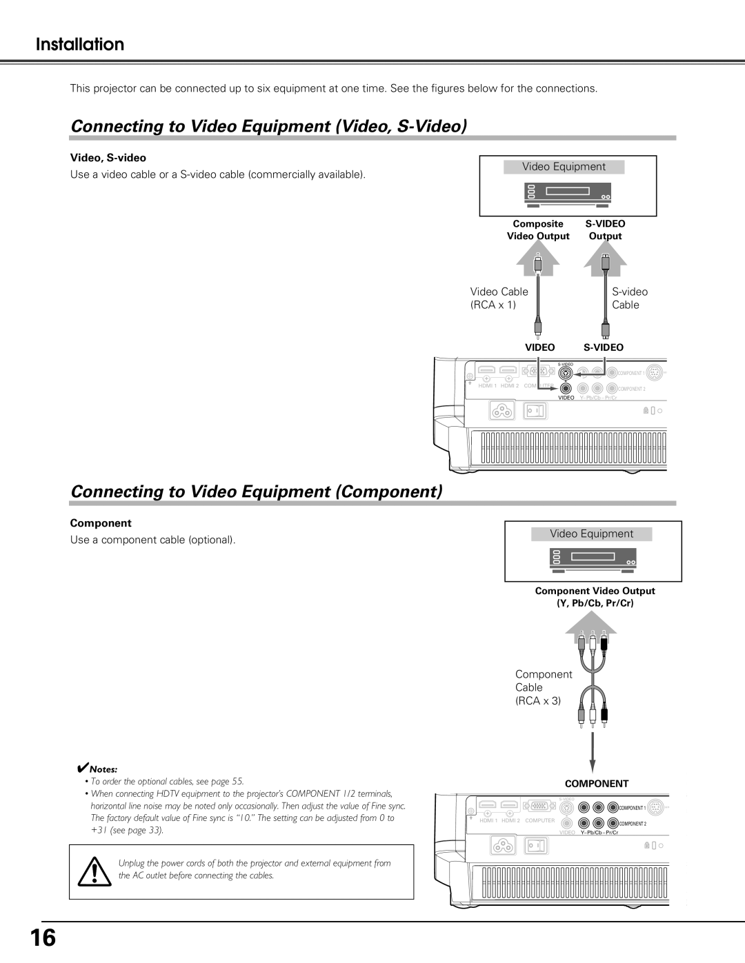 Sanyo PLV-Z60 Connecting to Video Equipment Video, S-Video, Connecting to Video Equipment Component, Video, S-video 