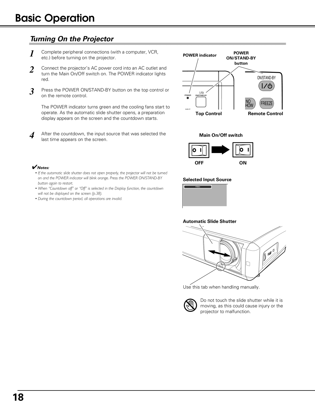 Sanyo PLV-Z60 owner manual Basic Operation, Turning On the Projector, Top Control Remote Control Main On/Off switch 