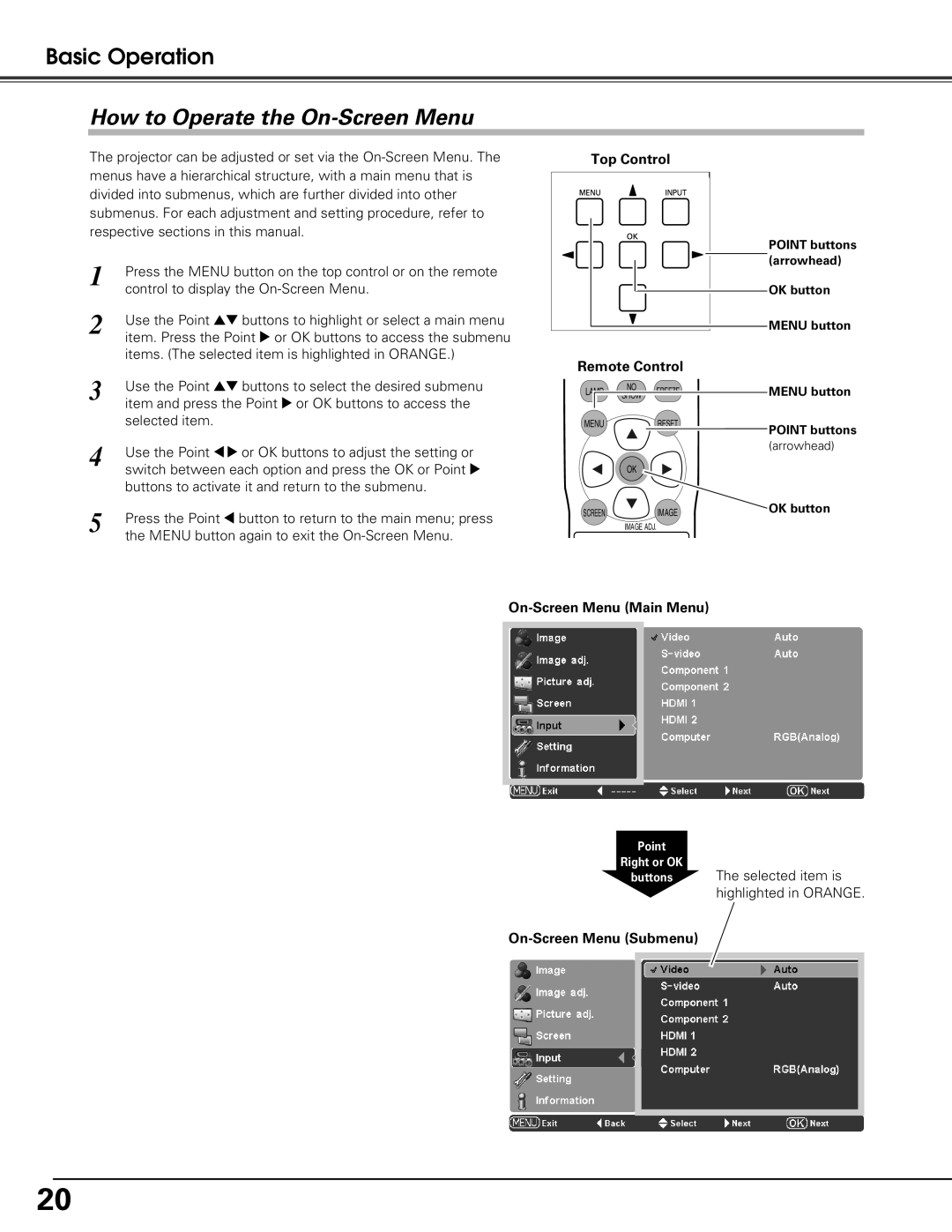 Sanyo PLV-Z60 owner manual How to Operate the On-Screen Menu, Top Control Remote Control, On-Screen Menu Main Menu 