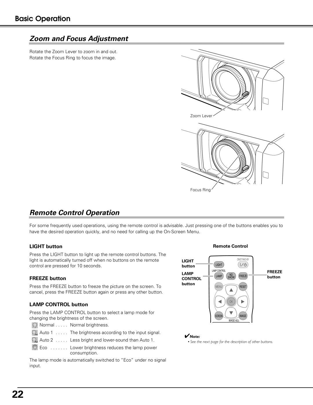 Sanyo PLV-Z60 Zoom and Focus Adjustment, Remote Control Operation, Light button, Freeze button, Lamp Control button 