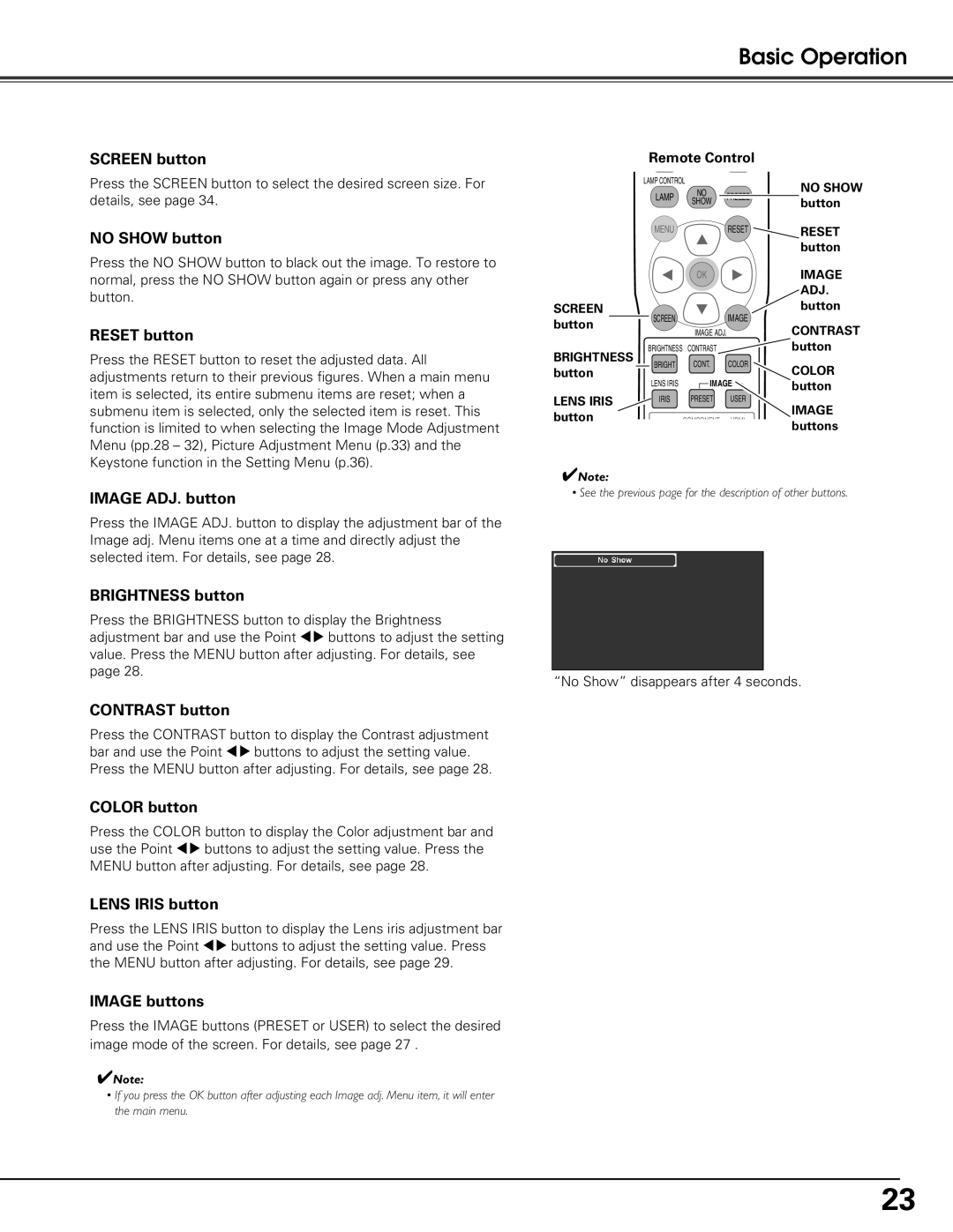 Sanyo PLV-Z60 Screen button, No Show button, Reset button, Image ADJ. button, Brightness button, Contrast button 