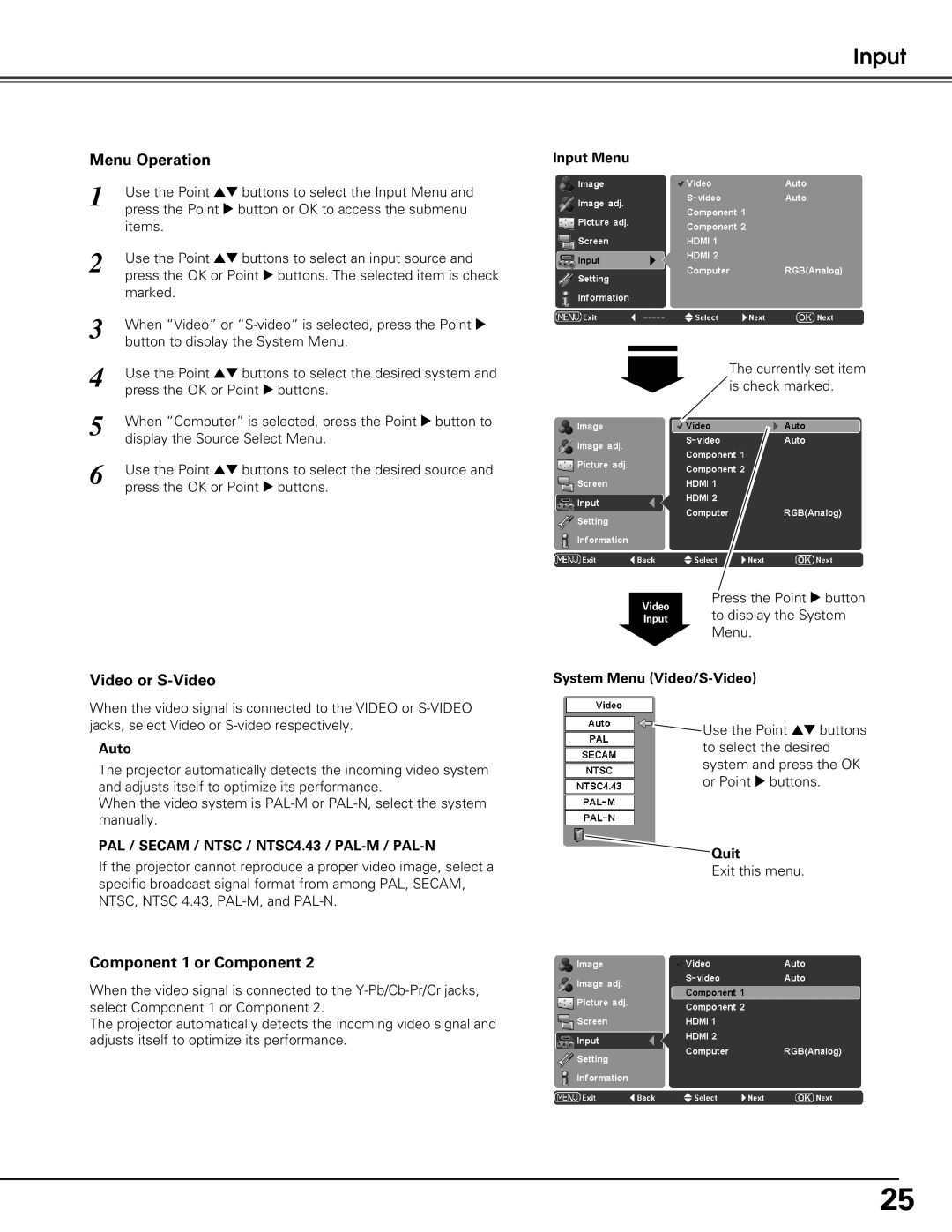 Sanyo PLV-Z60 owner manual Menu Operation, Video or S-Video, Component 1 or Component 