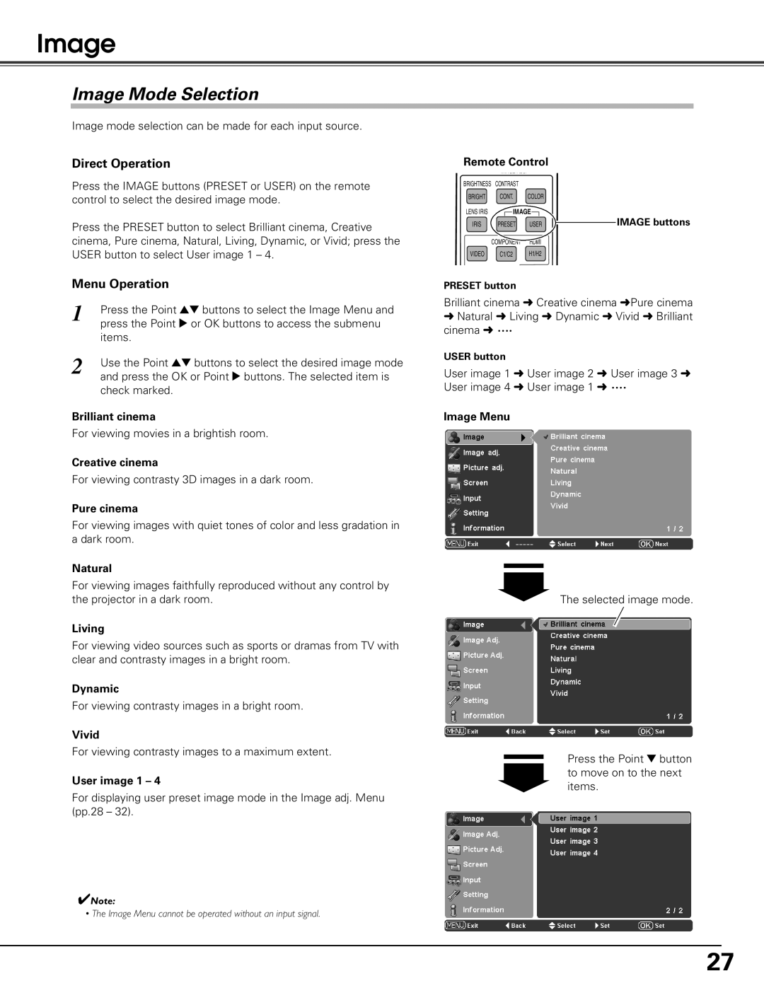 Sanyo PLV-Z60 owner manual Image Mode Selection, Direct Operation 