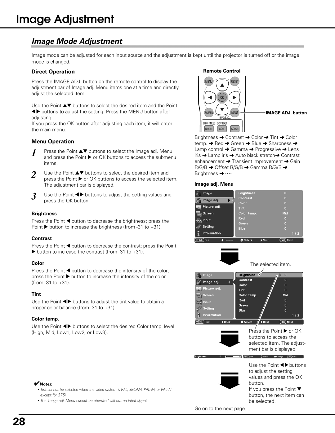 Sanyo PLV-Z60 owner manual Image Adjustment, Image Mode Adjustment 