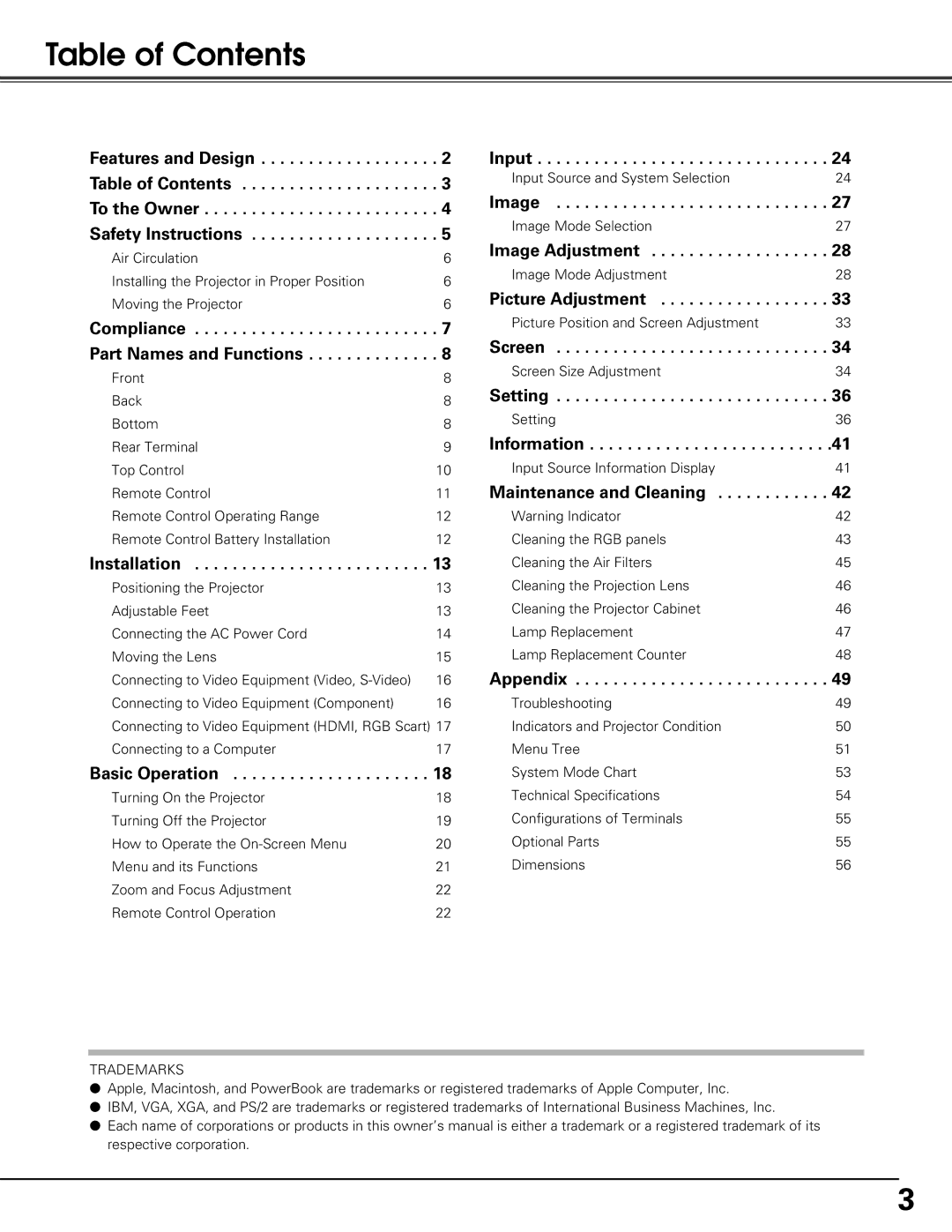 Sanyo PLV-Z60 owner manual Table of Contents 