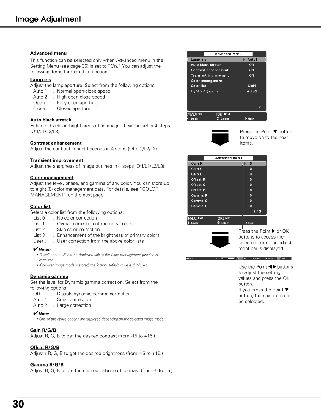 Sanyo PLV-Z60 Advanced menu, Lamp iris, Auto black stretch, Contrast enhancement, Transient improvement, Color management 