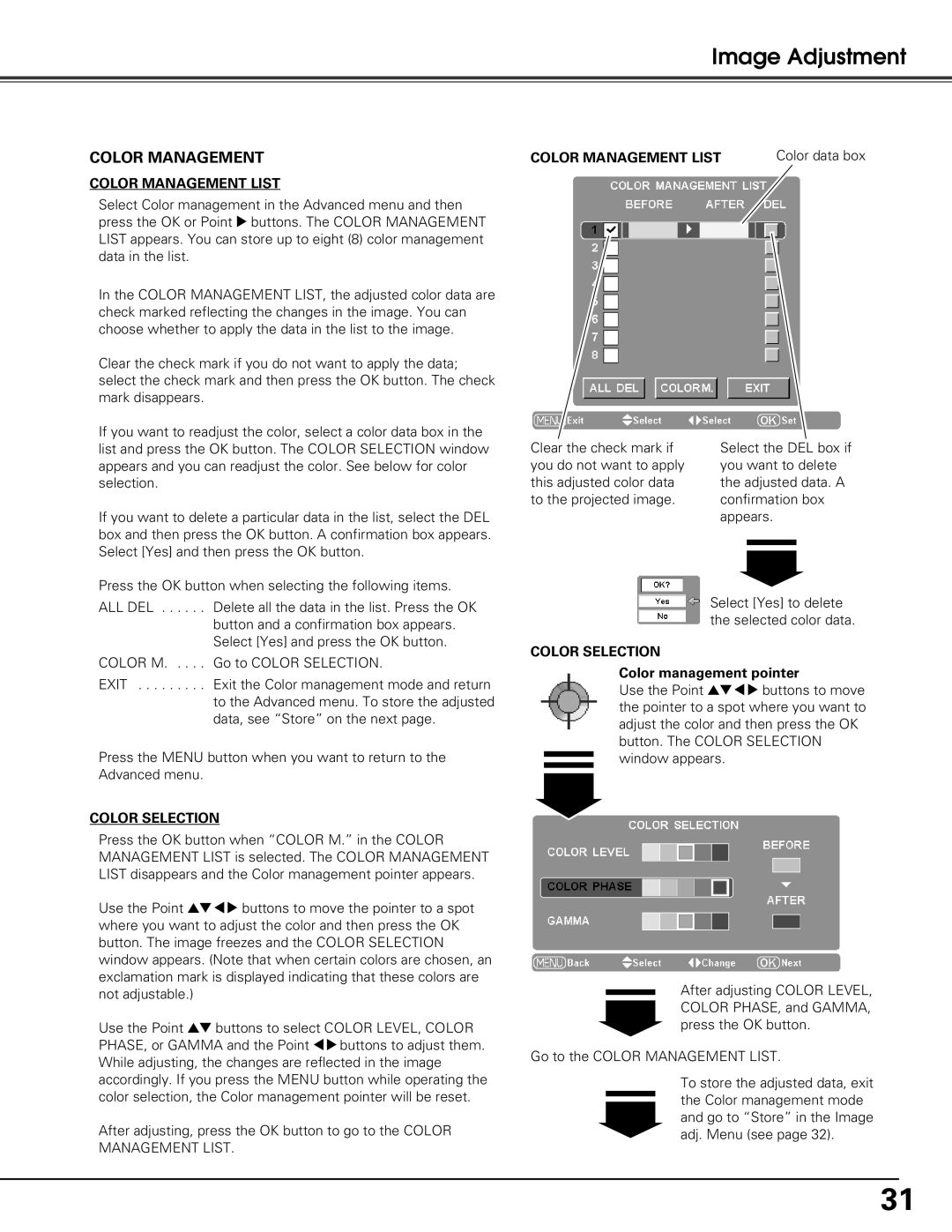 Sanyo PLV-Z60 owner manual Color Management, Color management pointer 